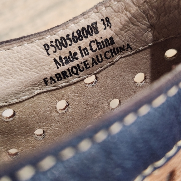 Fly London Yuti Wedge Peep Toe Perforated Sandal Suede ,Tan/Navy ,38 US Womens 7 - Picture 6 of 10